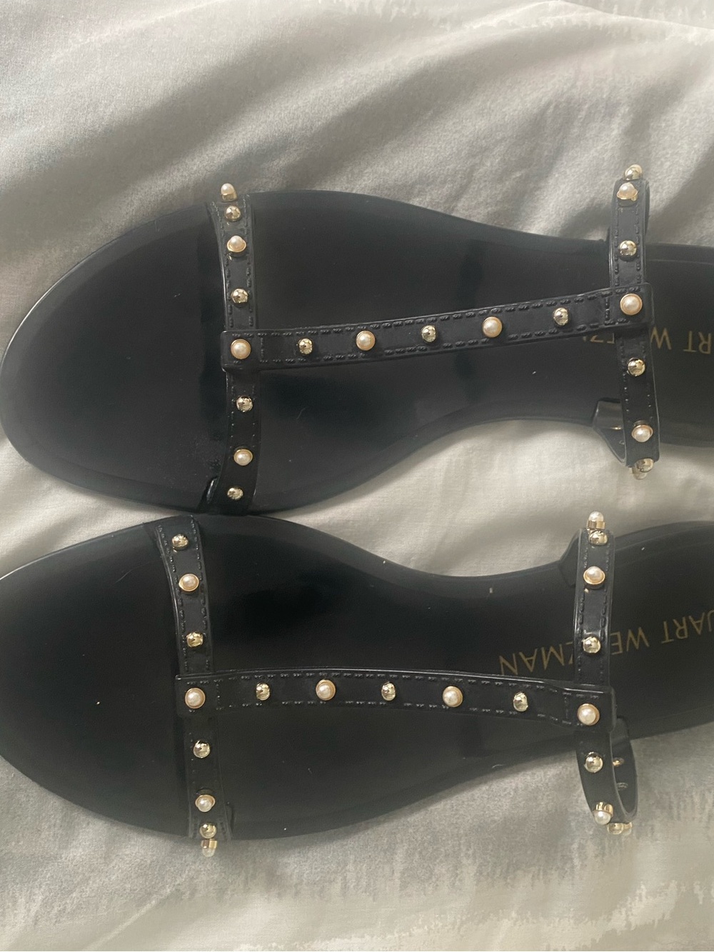 Stuart Weitzman Black T-Strap Pearl & Gold-Stud Sandals